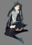  1girl bangs black_footwear black_gloves black_order_uniform black_shorts boots breasts covered_nipples d.gray-man full_body gloves green_eyes green_hair grey_background high_heel_boots high_heels highres kayano_(pixiv1911442) lenalee_lee long_hair long_sleeves looking_at_viewer medium_breasts shiny shiny_hair short_shorts shorts simple_background solo swept_bangs thigh_boots thighhighs twintails uniform zettai_ryouiki 