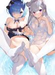  2girls absurdres bare_shoulders bikini black_bikini blue_eyes blue_hair blush breasts cleavage detached_collar elf emilia_(re:zero) fanbox_reward grey_hair groin hair_bun hair_over_one_eye headband highres holding_hands huge_filesize looking_at_viewer matsui_hiroaki medium_breasts multiple_girls navel no_shoes paid_reward photoshop_(medium) pointy_ears purple_bikini purple_eyes re:zero_kara_hajimeru_isekai_seikatsu rem_(re:zero) ripples see-through shirt short_hair side_bun skirt skirt_lift soaking_feet stomach string_bikini swimsuit thighhighs water wet wet_clothes wet_shirt white_legwear 