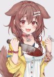  1girl :d absurdres animal_ears bag bangs blood blush bone_hair_ornament bracelet braid breasts brown_eyes brown_hair censored collar collarbone dog_ears dog_girl dog_tail eyebrows_visible_through_hair fangs grey_background hair_between_eyes hair_ornament highres hololive hyouta_(yoneya) inugami_korone jacket jewelry knife large_breasts long_hair looking_at_viewer low_twin_braids mosaic_censoring open_mouth plastic_bag red_collar severed_finger simple_background smile solo tail twin_braids upper_body virtual_youtuber yellow_jacket 