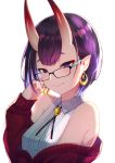  1girl bangs bare_shoulders blush bob_cut breasts closed_mouth earrings eyeliner fate/grand_order fate_(series) glasses highres horns itsumi_mita jewelry long_sleeves looking_at_viewer makeup off-shoulder_sweater off_shoulder oni oni_horns pointy_ears purple_eyes purple_hair red_sweater shirt short_hair shuten_douji_(fate/grand_order) simple_background skin-covered_horns sleeveless sleeveless_shirt small_breasts smile sweater white_shirt 