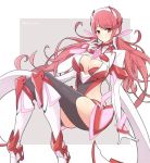  1girl bangs blush breasts chest_jewel cleavage cleavage_cutout eyebrows_visible_through_hair feet_out_of_frame gloves grey_background highres homura_(xenoblade_2) large_breasts long_hair looking_at_viewer mochimochi_(xseynao) pink_hair pink_theme prototype smile solo swept_bangs tiara twintails twitter_username very_long_hair white_background white_gloves xenoblade_(series) xenoblade_2 