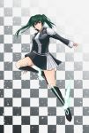  1girl bangs black_footwear black_jacket black_order_uniform black_skirt boots checkered checkered_background closed_mouth d.gray-man floating_hair full_body gradient gradient_background green_hair hair_between_eyes highres jacket knee_boots leg_up lenalee_lee long_hair long_sleeves miniskirt outstretched_arm purple_eyes shiny shiny_hair skirt solo tsujimura_lila two-tone_skirt uniform white_skirt 