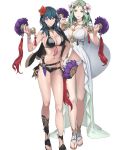  2girls bangs breasts byleth_(fire_emblem) byleth_(fire_emblem)_(female) cape cleavage closed_mouth cuboon dagger dual_wielding fire_emblem fire_emblem:_three_houses fire_emblem_heroes flower full_body green_eyes green_hair hair_ornament hand_on_hip highres holding large_breasts lips long_hair looking_at_viewer multiple_girls navel official_art purple_eyes rhea_(fire_emblem) sandals shiny shiny_hair shiny_skin smile standing stomach swimsuit toes transparent_background weapon 