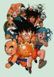  1girl 6+boys absurdres aqua_hair arm_up bald black_eyes black_hair blue_eyes bulma cape cat chaozu dougi dragon_ball dragon_ball_(object) green_skin grin hair_bobbles hair_ornament highres karate_gi kuririn long_hair long_sleeves multiple_boys muten_roushi object_on_head official_art one_side_up oolong open_mouth panties panties_on_head piccolo pig pointing pointy_ears puar shoes shorts simple_background sleeveless smile sneakers son_gokuu tenshinhan toriyama_akira turban turtle_shell underwear vambraces white_skin wristband yamcha 