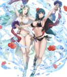  2girls armpits arms_up bangs bikini breasts byleth_(fire_emblem) byleth_(fire_emblem)_(female) cape cleavage cuboon dagger dual_wielding fire_emblem fire_emblem:_three_houses fire_emblem_heroes flower full_body green_eyes green_hair hair_flower hair_ornament hibiscus highres holding large_breasts lips long_hair looking_away multiple_girls navel official_art open_mouth parted_lips petals purple_eyes rhea_(fire_emblem) sandals short_hair smile stomach swimsuit toes transparent_background water water_drop weapon 