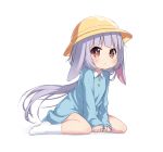  1girl :&lt; animal_ears blue_dress brown_eyes bunny_ears character_request child dress grey_hair hat highres kindergarten_uniform long_hair original ponytail school_hat short_dress simple_background sitting socks solo tamase_tama virtual_youtuber white_background white_footwear yellow_headwear 