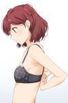  1girl absurdres aoba_misaki arms_behind_back bangs black_bra blush bra brown_eyes brown_hair closed_mouth from_side gradient gradient_background hair_ornament highres hiroki_(yyqw7151) idolmaster idolmaster_million_live! idolmaster_million_live!_theater_days midriff short_hair solo two_side_up underwear upper_body 