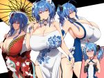  2girls ahoge alternate_costume alternate_hairstyle azur_lane blue_hair blush breast_envy breasts china_dress chinese_clothes cleavage closed_mouth dress eyebrows_visible_through_hair gloves hands_on_own_chest helena_(azur_lane) huge_breasts japanese_clothes kimono kloah little_helena_(azur_lane) long_hair looking_at_viewer multiple_girls open_mouth ponytail purple_eyes ribbon shiny shiny_hair shiny_skin side_ponytail smile st._louis_(azur_lane) st._louis_(splendor_of_spring)_(azur_lane) st._louis_(tipsy_snow)_(azur_lane) thick_thighs thighs tied_hair tight twintails umbrella white_gloves white_ribbon younger 