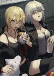  1girl 2girls 7aehyun animal_ears artoria_pendragon_(all) bendy_straw black_shorts black_tank_top breasts cavall_the_2nd cleavage cross cross_necklace dog_ears drinking_straw fate/grand_order fate_(series) food french_fries grey_hair groin hair_between_eyes hamburger highres jeanne_d&#039;arc_(alter)_(fate) jeanne_d&#039;arc_(fate)_(all) jewelry large_breasts looking_at_viewer medium_breasts midriff multiple_girls necklace necktie ponytail saber_alter short_hair short_shorts shorts solo tank_top thighhighs thighs yellow_eyes zipper 