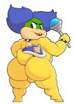  anthro balls big_butt blue_hair butt genitals hair hi_res huge_butt koopa koopaling looking_back ludwig_von_koopa magic_wand male mario_bros nintendo nude reptile scalie simple_background smile solo thick_thighs trashdrawy video_games 