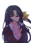  1girl black_hair breasts cleavage hair_ribbon kurugaya_yuiko little_busters! long_hair looking_at_viewer medium_breasts misaki_juri open_clothes purple_eyes ribbon school_uniform simple_background solo upper_body white_background 