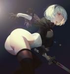  1girl ass black_dress black_hairband blue_eyes boots breasts butt_crack dark_background dress fajyobore323 hairband highleg highleg_leotard highres juliet_sleeves katana leather leather_boots leotard long_sleeves medium_breasts nier_(series) nier_automata no_blindfold puffy_sleeves short_hair silver_hair sword thigh_boots thighhighs thighhighs_under_boots weapon white_leotard yorha_no._2_type_b 