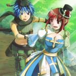  1boy 1girl :3 animal_on_head arch_bishop_(ragnarok_online) bangs belt black_headwear blue_dress blue_eyes blue_hair bow breasts brown_belt brown_gloves camouflage_scarf cat cat_on_head cleavage_cutout clothing_cutout commentary_request crop_top cross dress eyebrows_visible_through_hair feet_out_of_frame flower frilled_hat frilled_legwear frills gloves green_scarf green_shirt green_shorts hat hat_bow hat_flower heterochromia holding_another&#039;s_wrist juliet_sleeves long_hair long_sleeves looking_at_another medium_breasts midriff mini_hat natsuya_(kuttuki) navel on_head open_mouth ponytail puffy_sleeves quiver ragnarok_online ranger_(ragnarok_online) red_eyes red_flower red_hair running sash scarf shirt short_hair shorts sidelocks sleeveless sleeveless_shirt smile sunlight thighhighs top_hat two-tone_dress white_bow white_dress white_legwear yellow_sash 