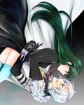  1boy 1girl 3so4ru5959 :d absurdres allen_walker black_jacket blue_eyes blue_legwear cape closed_mouth couple d.gray-man eye_contact facial_mark floating_hair green_eyes green_hair hair_down highres jacket lenalee_lee long_hair long_sleeves looking_at_another neck_ribbon open_mouth red_ribbon ribbon shiny shiny_hair silver_hair smile star_(symbol) straight_hair thighhighs very_long_hair waist_cape white_cape 