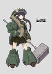  1girl bangs black_hair blunt_bangs boushi-ya braid character_name crossover eyebrows_visible_through_hair full_body green_serafuku green_skirt grey_background gundam gundam_gusion gundam_tekketsu_no_orphans hammer highres holding holding_weapon kantai_collection kitakami_(kantai_collection) long_hair long_sleeves mecha mecha_musume open_mouth pleated_skirt sailor_collar school_uniform serafuku simple_background single_braid skirt solo standing weapon 