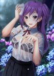  1girl ahoge black_bra black_skirt blouse blush bra breasts eyebrows_visible_through_hair flower hagikaze_(kantai_collection) highres hydrangea kantai_collection kyougoku_shin long_hair neck_ribbon one_side_up open_mouth outdoors pleated_skirt purple_hair red_ribbon ribbon see-through skirt solo underwear wet white_blouse yellow_eyes 