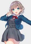  1girl aqua_eyes bangs belt blue_jacket blurry blush bob_cut breasts collared_shirt commentary_request cowboy_shot depth_of_field dress eyebrows_visible_through_hair eyelashes grey_background grey_dress hand_up hello!!!_love_live! jacket light_brown_hair long_sleeves looking_at_viewer love_live! medium_breasts moyui_(myi_005) neck_ribbon open_mouth outstretched_arm parted_bangs pleated_dress red_neckwear red_ribbon ribbon round_teeth school_uniform shiny shiny_hair shirt short_hair simple_background solo standing tang_keke teeth twitter_username upper_teeth v v_over_eye white_shirt yuigaoka_school_uniform 