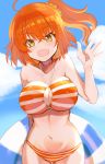  1girl ahoge bangs bare_shoulders bikini blue_sky blush breasts brilliant_summer cleavage collarbone fate/grand_order fate_(series) fujimaru_ritsuka_(female) hair_ornament hair_scrunchie innertube large_breasts looking_at_viewer nachisuke navel o-ring o-ring_bikini one_side_up open_mouth orange_bikini orange_eyes orange_hair scrunchie short_hair sky smile striped striped_bikini swimsuit 