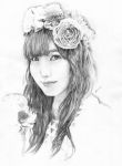  1girl absurdres bangs blunt_bangs flower graphite_(medium) head_wreath highres looking_at_viewer medium_hair monochrome portrait real_life realistic rose seiyuu signature solo traditional_media uchida_aya waraliver 