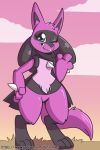  2:3 3_fingers ambiguous_gender anthro blue_eyes chest_spike cloud digital_media_(artwork) eyelashes female_(lore) fingers fuf fur gradient_background hand_on_hip hand_spikes hi_res lucario mostly_nude nintendo one_eye_closed pink_body pink_ears pink_fur pink_tail pok&eacute;mon pok&eacute;mon_(species) shadow simple_background sky spikes standing text thick_eyelashes url video_games 