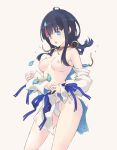  1girl black_hair blue_eyes blue_ribbon breasts dress fate/grand_order fate/requiem fate_(series) fundoshi graphite_(medium) highres japanese_clothes jewelry long_sleeves magatama magatama_hair_ornament mechanical_pencil medium_hair multicolored_hair navel necklace nipples pelvic_curtain pencil puffy_long_sleeves puffy_sleeves red_hair ribbon sakana short_dress sideless_outfit solo streaked_hair traditional_media two-sided_fabric two-sided_skirt utsumi_erise white_dress 