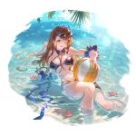  1girl alpha_transparency ball bangs bare_shoulders beachball beatrix_(granblue_fantasy) bikini blue_bikini blue_ribbon blush breasts brown_eyes brown_hair cleavage day eyewear_on_head frilled_bikini frills fur_trim granblue_fantasy hair_ribbon large_breasts long_hair looking_at_viewer minaba_hideo navel official_art one_eye_closed open_mouth outdoors partially_submerged ribbon smile solo starfish sunglasses swimsuit transparent_background water wet wet_hair wrist_cuffs 