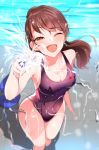  1girl ;d absurdres bangs barefoot blurry blush breasts brown_eyes brown_hair collarbone competition_swimsuit depth_of_field dripping eyebrows_visible_through_hair from_above groin half-closed_eye hand_up high_ponytail highres holding hose lanyard long_hair looking_at_viewer looking_up medium_breasts one-piece_swimsuit one_eye_closed open_mouth original ponytail pool poolside purple_swimsuit sideboob smile solo spraying standing swimsuit tile_floor tiles water water_drop wet whistle whistle_around_neck wide_hips witchdalisweet 