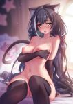  1girl absurdres animal_ear_fluff animal_ears black_gloves black_hair black_legwear blurry blurry_background blush breasts breath cat_ears cat_girl cat_tail depth_of_field elbow_gloves fingerless_gloves gloves green_eyes heavy_breathing highres indoors karyl_(princess_connect!) long_hair low_twintails medium_breasts mitsu_(mitsu_art) multicolored_hair navel nipples nude open_mouth paid_reward patreon_reward photoshop_(medium) princess_connect! princess_connect!_re:dive pussy pussy_juice saliva sitting solo streaked_hair tail thighhighs twintails very_long_hair 