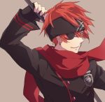  1boy arm_up black_gloves black_headband black_jacket closed_mouth d.gray-man earrings eyepatch fingerless_gloves gloves green_eyes grey_background headband jacket jewelry lavi long_sleeves male_focus or_i red_hair simple_background solo spiked_hair tongue tongue_out upper_body 