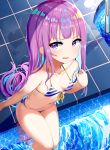  1girl absurdres bare_arms bare_shoulders bikini blue_bikini blue_hair breasts collarbone fang front-tie_bikini front-tie_top highres hololive long_hair looking_at_viewer minato_aqua multicolored_hair parted_lips poolside purple_eyes purple_hair sitting small_breasts solo string_bikini striped striped_bikini swimsuit trap_(drthumt) two-tone_hair very_long_hair virtual_youtuber water 