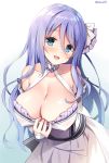  1girl :d bangs bare_shoulders blue_background blue_eyes blue_hair blush breasts cleavage commentary_request detached_sleeves dress eyebrows_visible_through_hair gradient gradient_background hair_between_eyes hair_ribbon large_breasts long_hair long_sleeves looking_at_viewer mauve mifuyu_(princess_connect!) open_mouth princess_connect! princess_connect!_re:dive ribbon smile solo twitter_username vambraces very_long_hair white_background white_dress white_ribbon white_sleeves 