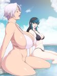  2girls arm_support bangs blue_hair blue_sky blush breasts cleavage closed_eyes hair_between_eyes highres huge_breasts isabella_valentine large_breasts long_hair looking_at_another lunasanguinis mature mole mole_under_eye multiple_girls navel outdoors pale_skin parted_lips partially_submerged pool scar short_hair sideboob sidelocks silver_hair sitting sky soulcalibur soulcalibur_vi swept_bangs tan thick_thighs thighs tira_(soulcalibur) water 