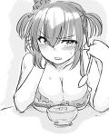  1girl absurdres alternate_costume alternate_hairstyle bangs bare_shoulders bikini bikini_top blush bowl breasts cleavage commentary eyebrows_visible_through_hair frown greyscale hair_between_eyes hair_ornament highres holding holding_spoon kantai_collection large_breasts looking_at_viewer medium_hair monochrome poyo_(hellmayuge) shadow short_twintails sidelocks solo spoon sweat swimsuit twintails yamashiro_(kantai_collection) 
