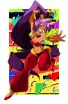  1990s_(style) 1girl araizumi_rui_(style) breasts cleavage commentary dark_skin gold_hairband hand_up harem_pants highres long_ponytail looking_to_the_side navel oldschool open_hands open_mouth pants pointy_ears potiri02 purple_hair shantae_(character) shantae_(series) solo 