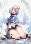  1girl amane_kanata angel angel_wings blue_hair bow collar feathers frills hair_intakes highres hololive kakage miniskirt multicolored_hair open_mouth plaid purple_eyes shoes short_hair silver_hair sitting skirt smile solo streaked_hair thighs two-tone_hair virtual_youtuber wariza wings 