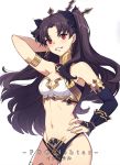  1girl armlet asymmetrical_legwear asymmetrical_sleeves bangs bare_shoulders black_hair blush breasts bubble1995 character_name detached_collar earrings elbow_gloves fate/grand_order fate_(series) gloves hair_ribbon hoop_earrings ishtar_(fate)_(all) ishtar_(fate/grand_order) jewelry long_hair looking_at_viewer navel parted_bangs red_eyes ribbon single_elbow_glove small_breasts smile solo two_side_up 