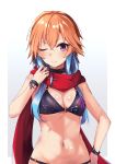  1girl bikini black_bikini blue_hair breasts hasumushi highres idolmaster idolmaster_cinderella_girls long_hair looking_at_viewer medium_breasts multicolored_hair navel ninomiya_asuka one_eye_closed orange_hair purple_eyes red_scarf scarf smile solo swimsuit two-tone_hair 