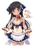  1girl alternate_costume bikini black_hair blue_bikini blue_skirt blush collarbone cropped_legs dated detached_collar eyebrows_visible_through_hair hair_between_eyes i-400_(kantai_collection) kantai_collection long_hair maid_bikini navel odawara_hakone one-piece_tan pleated_skirt purple_eyes simple_background skirt smile solo swimsuit tan tanline twitter_username white_background wrist_cuffs 