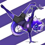  1:1 acrobatics action_pose anthro aurora_stellaris black_clothing blue_eyes bottomwear clothed clothing dragon female flower grey_clothing hair handstand holding_flower holding_object horn humanoid lavender_(flower) nasa pants plant pose purple_body purple_hair scales scalie smile solo 