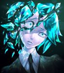  1other akamahura androgynous aqua_eyes aqua_hair black_neckwear collared_shirt cracked crystal_hair eyeball face gem highres houseki_no_kuni phosphophyllite shirt short_hair white_shirt 