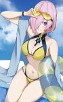  1girl bangs bare_shoulders bikini blue_sky blush breasts cleavage collarbone dive_to_blue earpiece fate/grand_order fate_(series) goggles goggles_on_head grin hair_over_one_eye highres innertube large_breasts lavender_hair looking_at_viewer mash_kyrielight nanakaku navel purple_eyes short_hair sky smile swimsuit thighs wet yellow_bikini 