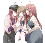  3girls age_difference age_switch ahoge alternate_hairstyle blush braid cabbie_hat casual character_age commentary_request from_side girl_sandwich hair_over_one_eye hat idolmaster idolmaster_shiny_colors kuwayama_chiyuki long_hair multiple_girls neckerchief older oosaki_amana oosaki_tenka profile romi_(346_ura) sandwiched school_uniform serafuku siblings sisters sitting sweatdrop twin_braids twins younger yuri 