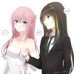  2girls artist_name bangs bare_shoulders black_jacket black_suit blush bow brown_eyes brown_hair buttons closed_mouth collar collarbone collared_shirt commentary_request dress elbow_gloves embarrassed eyebrows_visible_through_hair formal girls_frontline gloves green_hair grey_neckwear hair_between_eyes hair_ornament holding holding_hands jacket lips long_hair looking_at_another looking_at_viewer m4a1_(girls_frontline) multicolored_hair multiple_girls necktie off-shoulder_dress off_shoulder parted_lips pink_hair pocket purple_eyes purple_hair shirt sidelocks simple_background smile sparkle st_ar-15_(girls_frontline) streaked_hair sui_(camellia) suit sweat talking two-tone_hair upper_body white_background white_bow white_dress white_gloves white_shirt 