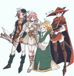  1boy 3girls arrow_(projectile) bard_(final_fantasy) blonde_hair blue_eyes boots bow brown_hair butz_klauser faris_scherwiz final_fantasy final_fantasy_v green_eyes harp hat horns instrument krile_mayer_baldesion lenna_charlotte_tycoon multiple_girls oversized_clothes pink_hair ponytail purple_hair ranger_(final_fantasy) red_mage rod saito_piyoko single_horn summoner_(final_fantasy) white_background 