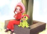  1girl belt blush boots brown_eyes brown_hair digimon digimon_adventure dress gloves long_dress marukakisuto palmon red_dress sitting smile tachikawa_mimi tree 