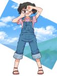  1girl ;) black_hair blue_overalls blue_sky blush cloud cloudy_sky commentary_request finger_frame full_body kuraue_hinata looking_at_viewer meis_(terameisu) no_socks one_eye_closed overalls pink_shirt purple_eyes sandals shirt short_hair sky smile solo standing twintails yama_no_susume 