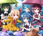  4girls :o animal antennae ascot bangs bird_wings black_cape black_headwear black_shorts blue_bow blue_dress blue_eyes blue_flower blue_hair bow brown_dress brown_headwear bug butterfly cape cirno coat collared_shirt commentary_request day dress dress_shirt eyeball eyebrows_visible_through_hair eyes_visible_through_hair feathered_wings flower frog green_eyes green_hair green_umbrella hair_between_eyes hair_bow hair_ornament hair_ribbon hand_up hat hat_removed headwear_removed highres holding holding_animal holding_umbrella hood hood_down hydrangea ice ice_wings insect light_brown_hair mob_cap multiple_girls mystia_lorelei neck_ribbon open_mouth outdoors outstretched_arms puffy_short_sleeves puffy_sleeves purple_eyes purple_flower purple_hair pyonta rain raincoat red_cape red_eyes red_neckwear red_ribbon red_umbrella ribbon rumia ruu_(tksymkw) shirt short_shorts short_sleeves shorts skirt sleeveless sleeveless_dress spread_arms team_9 touhou tree two-handed umbrella water_drop wet wet_clothes white_shirt white_wings wings wriggle_nightbug yellow_coat 