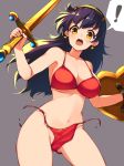  ! 1girl athena_(series) bikini breasts collarbone commentary_request earrings eyebrows_visible_through_hair grey_background holding holding_sword holding_weapon jewelry large_breasts long_hair looking_at_viewer navel open_mouth princess_athena purple_hair red_bikini shield simple_background solo spoken_exclamation_mark standing swimsuit sword teeth upper_teeth wardrobe_malfunction weapon yellow_eyes youhei_64d 