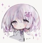  1girl :o bangs blush bow chibi cottontailtokki cropped_torso dress eyebrows_visible_through_hair grey_background grey_dress grey_eyes hair_between_eyes hand_up long_sleeves original parted_lips purple_bow purple_hair simple_background solo sparkle upper_body 