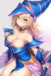  1girl bangs bare_shoulders blonde_hair blue_dress blue_headwear blush breasts choker cleavage closed_mouth collarbone commentary_request dark_magician_girl detached_sleeves dress duel_monster eyebrows_visible_through_hair gem green_eyes hair_between_eyes hat holding large_breasts long_hair looking_at_viewer mizya off_shoulder simple_background smile solo staff wizard_hat yuu-gi-ou 
